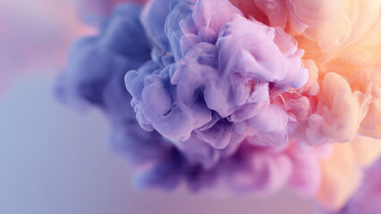 Fototapeta premium Ethereal clouds of purple, pink, and orange ink blend dynamically, creating a beautiful, soft, and vibrant abstract art background.