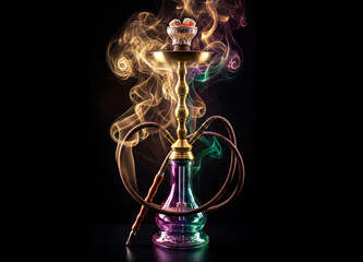 A luxurious hookah with intricate gold detailing on a sleek black background