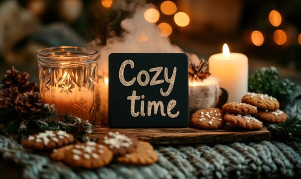 Winter holiday setting creating a warm, cozy feeling with lit candles, gingerbread cookies, pinecones, and knitted blanket - Powered by Adobe