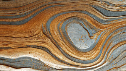 Fototapeta premium Close-up of weathered wood or natural fiber, showcasing a unique swirling grain pattern with rich earthy brown and muted blue-grey tones.