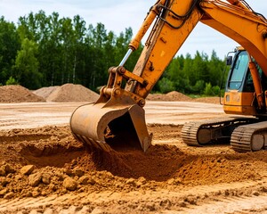 An excavator with a bucket digs sand