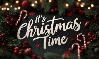 Chalkboard background featuring it's christmas time typography, surrounded by festive candy canes, red berries, and pine garlands with bokeh lights