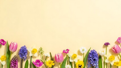 Spring flowers border with tulips hyacinths and daffodils on yellow background
