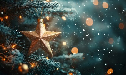 Golden star ornament decorating a snowy pine branch with bokeh lights and falling snowflakes, a winter holiday celebration