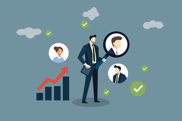 Recruitment and Talent Acquisition Concept. Businessman Magnifying Profile to Select New Employee, Human Resources Search, and Successful Hiring.