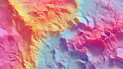 Abstract textured landscape featuring vibrant pastel and neon colors, creating a dynamic topographic pattern with intricate flowing lines and ridges.