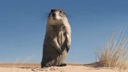 Cute groundhog outside its burrow on Groundhog Day, celebrating winter folklore tradition