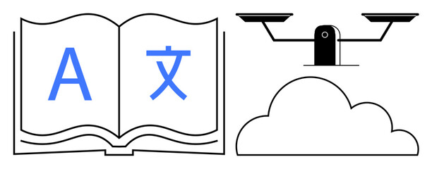 Open book with language symbols, scale balancing above a cloud. Ideal for language, justice, education, equality, technology, culture communication. Clean simple flat metaphor