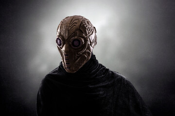 Robot android over dark misty background with clipping path