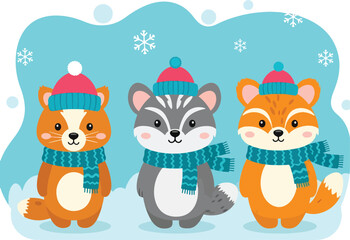 Three cartoon woodland animals wearing winter hats and scarves in the snow