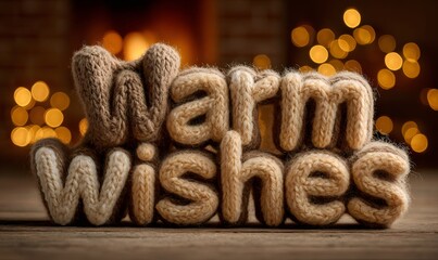 Knitted warm wishes text on a rustic wooden surface, creating a cozy holiday and new year greeting with warm bokeh lights