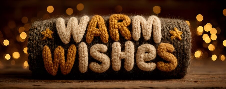 Knitted text warm wishes with decorative stars resting on a wooden surface, surrounded by warm, out-of-focus background lights