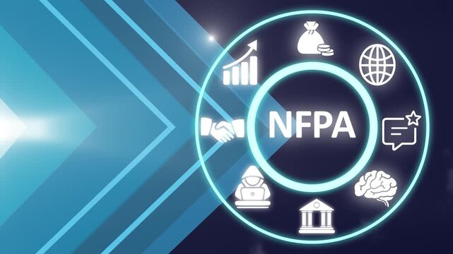 NFPA acronym. An organization developing codes and standards for fire prevention and safety to protect lives and property. showing NFPA icons on virtual screen.