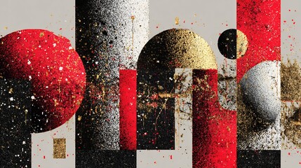 Abstract painting featuring red black white and gold spheres and rectangular shapes with splatter effect