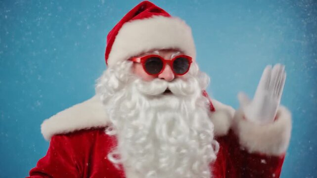 Cool santa claus wearing sunglasses dancing to music, isolated over snowy blue background 