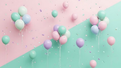 Easter eggs and confetti scattered on a pastel pink and mint green background