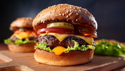 close up of a juicy burger with fresh toppings melted cheese and a sesame seed bun another burger is blurred in the background inviting indulgence