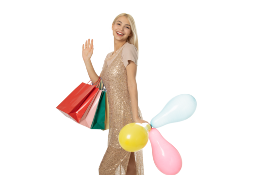 Smiling Girl with Shopping Bags and Balloons