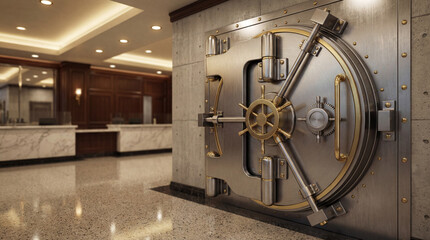 Grand steel bank vault door with polished metallic details and secure interior.