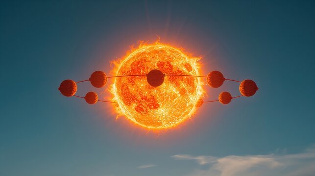 A vibrant illustration of a radiant sun surrounded by planets, set against a clear blue sky.