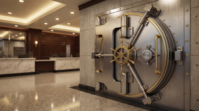 Grand steel bank vault door with polished metallic details and secure interior.
