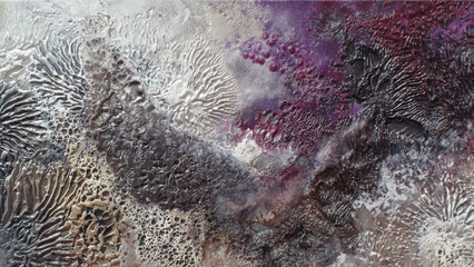 Abstract textured art features metallic silver and deep purple, resembling an intricate alien landscape or microscopic biological forms with rich, tactile surfaces.
