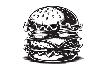 Juicy burger black and white illustration isolated on white