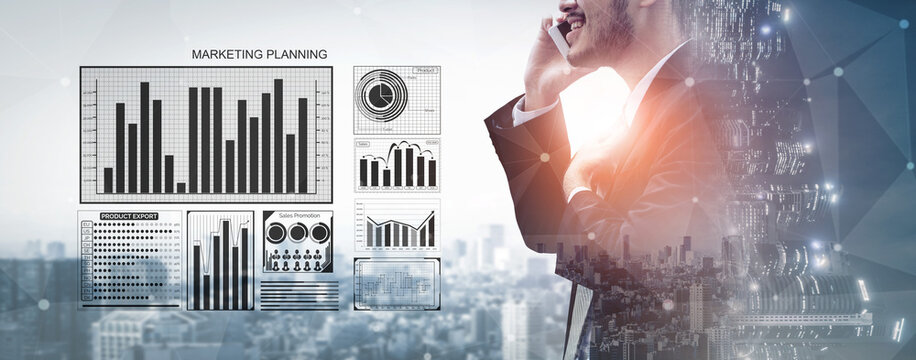 A businessman speaks on the phone while surrounded by digital marketing analytics graphs and a modern cityscape, representing strategic planning and growth. Impute - Powered by Adobe