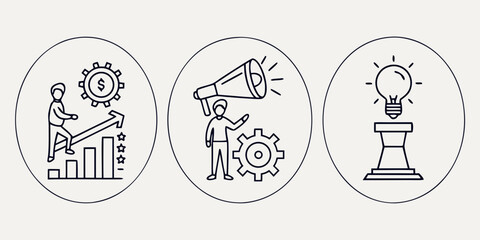 Creativity innovation set of web icons in line style. Creative business solutions icons for web and mobile app.Creative idea, team management, solution, brainstorming, invention. Vector art icon