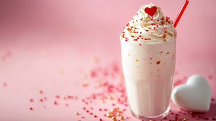 Delightful strawberry milkshake adorned with whipped cream, sprinkles, a heart, and a straw, perfect for a valentines day treat or special occasion