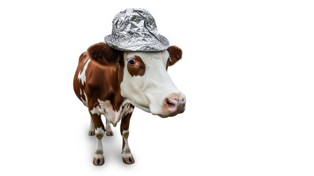 cow wearing a tinfoil hat, paranoid, paranoia, on a white background, animal photo