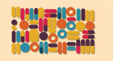 Abstract geometric pattern with colorful rounded shapes on beige background