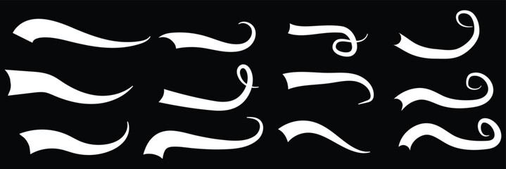 Swoosh and swash tails line collection. Swooshes text tail for baseball design. Typography tails shape for football or athletics sport team sign text. Vector illustration. texting tails swirl swash 