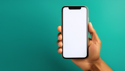 hand holding a smartphone with a blank screen isolated on a solid color background ready for content creation and mobile connectivity