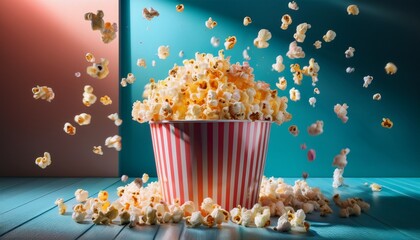 popcorn bucket with floating popcorn pieces in colorful room creating playful and surreal snack scene