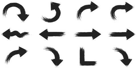 Collection of grungy ink brush stroke arrows pointing various directions