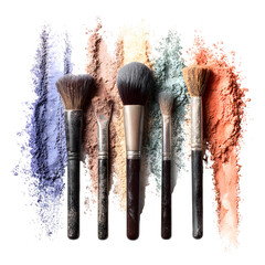 Makeup brushes with colorful powder explosion on white background
