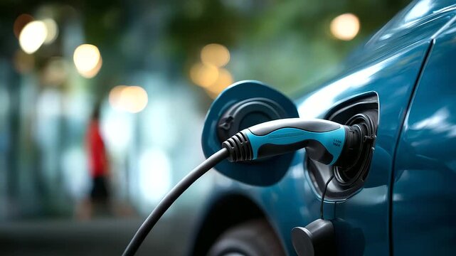 Power supply for electric car charging station close up of power supply plugged into electric car being charged EV charging detail battery power sustainable transportation wit