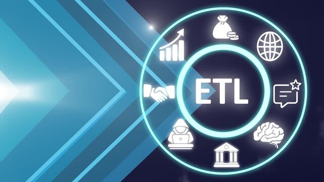 ETL Extract Transform Load concept in futurist background with extract, funnel, transform and load icons. Business concept background, Motion graphics. 4K