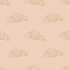 Seamless pattern with monoline croissants on a soft beige background. Ideal for bakery branding, café packaging, textiles, wrapping paper, kitchen decor, and food-themed designs.