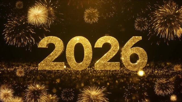 New Year 2026 Celebration - Golden Glittering 3D Animation with Festive Particles and Firewo.