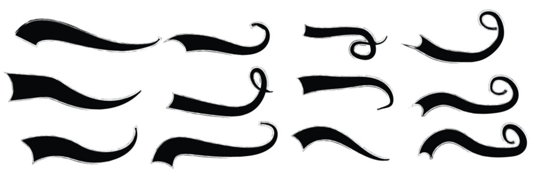 Swoosh and swash typography tails shape. Underline retro swoop wave line for athletic tshirt. Vector strockes set. Vector black sport tails. Swoosh silhouette elements for baseball, football or athlet