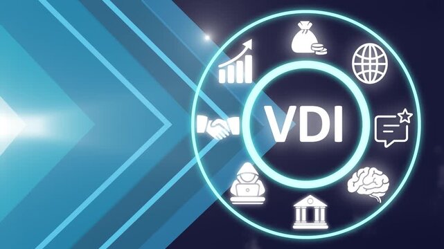 VDI acronym, virtual desktop infrastructure concept, software that provides and manages virtual desktops hosted on premises or in the cloud. Business concept, motion graphics. 4K