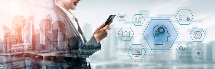 Head with gear and icons representing learning, digital training, and development process, showing skill growth for human or AI systems through knowledge or task optimization Vouch