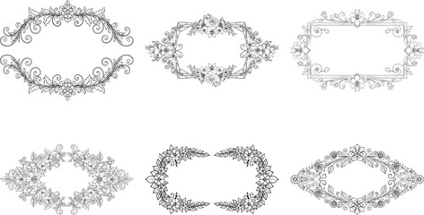 Obraz premium Collection of six ornate floral frames, perfect for adding a touch of elegance to any design project isolated on transparent background