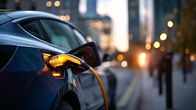 Charging modern electric car battery on street which are future of automobile close up power supply plugged into electric car being charged for hybrid new era vehicle fuel with