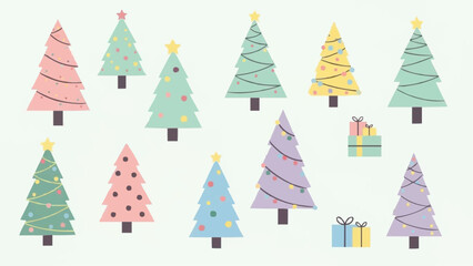Obraz premium Collection of christmas trees with lights and star toppers in pastel colors and gift boxes layout
