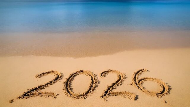 Happy New Year 2026 message written in sand on tropical beach. Happy New Year 2026 celebrati