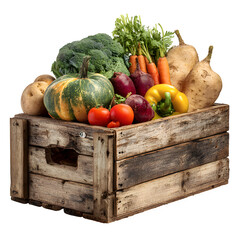 Rustic crate of fresh harvest on white background
