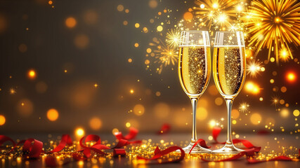 Two elegant champagne flutes filled with bubbly drink sit amidst sparkling lights and colorful ribbons. Perfect festive setting for New Year's Eve, weddings, or parties